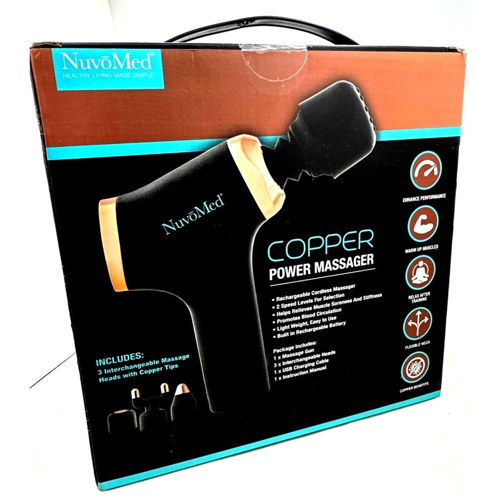 Cordless Copper Power Massager Rechargeable 3 Massage Heads 424311 New - Picture 3 of 4
